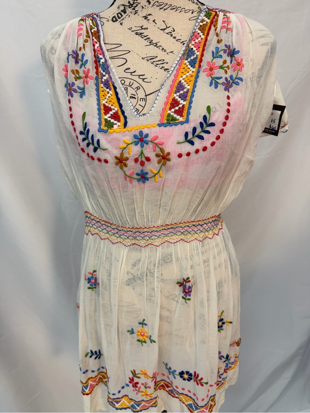 Tabu Vintage White Embroidered Boho Mini Dress Cover Up XS NWT